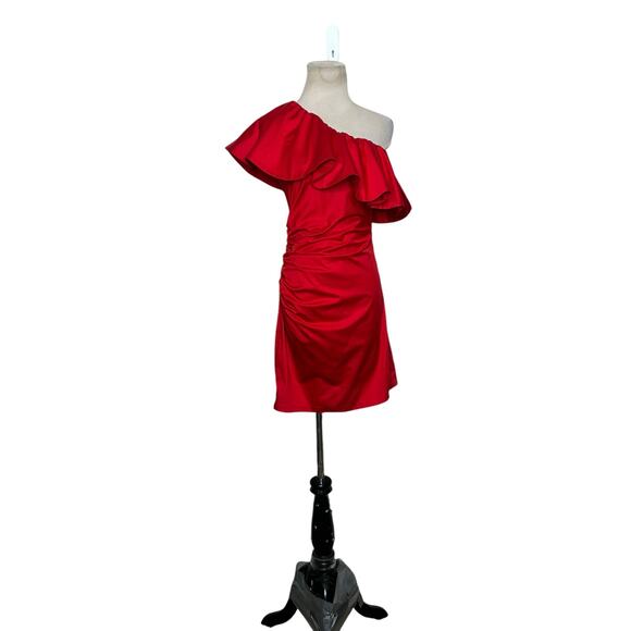 H&M red one shoulder ruffled ruched mini dress size 4 - Picture 10 of 13